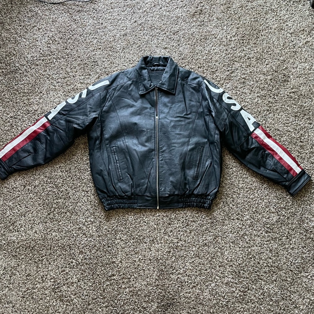 Vintage USA Black  Genuine Leather Jacket Size Large Red White Blue